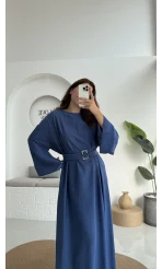 Berlin Kuşaklı Uzun Elbise - İndigo - 6031