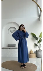 Berlin Kuşaklı Uzun Elbise - İndigo - 6031