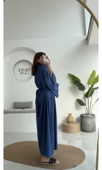 Berlin Kuşaklı Uzun Elbise - İndigo - 6031