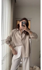 Berma Kendinden Çizgili Gömlek Krem