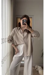 Berma Kendinden Çizgili Gömlek Krem