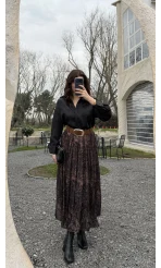 Berry Kemerli Desenli Piliseli Etek - Kahve - Kod: 3375