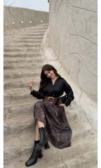 Berry Kemerli Desenli Piliseli Etek - Kahve - Kod: 3375