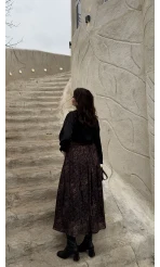 Berry Kemerli Desenli Piliseli Etek - Kahve - Kod: 3375