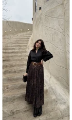 Berry Kemerli Desenli Piliseli Etek - Kahve - Kod: 3375