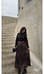 Berry Kemerli Desenli Piliseli Etek - Kahve - Kod: 3375