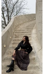 Berry Kemerli Desenli Piliseli Etek - Kahve - Kod: 3375