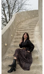 Berry Kemerli Desenli Piliseli Etek - Kahve - Kod: 3375