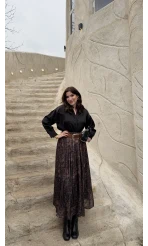 Berry Kemerli Desenli Piliseli Etek - Kahve - Kod: 3375