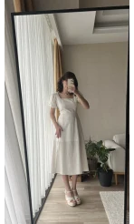 Betty Beyaz Sırtı Çapraz Keten Elbise