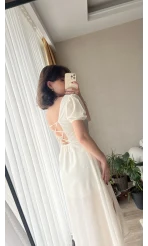 Betty Beyaz Sırtı Çapraz Keten Elbise