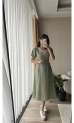 Betty Haki Sırtı Çapraz Keten Elbise