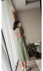 Betty Haki Sırtı Çapraz Keten Elbise