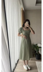 Betty Haki Sırtı Çapraz Keten Elbise