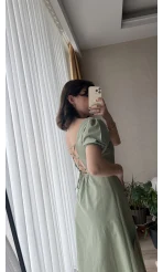 Betty Haki Sırtı Çapraz Keten Elbise