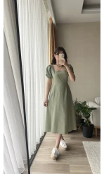 Betty Haki Sırtı Çapraz Keten Elbise