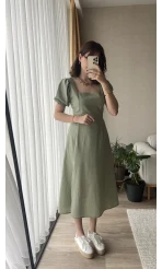 Betty Haki Sırtı Çapraz Keten Elbise