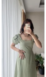 Betty Haki Sırtı Çapraz Keten Elbise