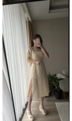 Betty Krem Sırtı Çapraz Keten Elbise