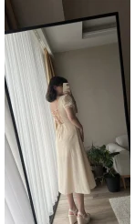 Betty Krem Sırtı Çapraz Keten Elbise