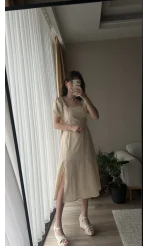 Betty Krem Sırtı Çapraz Keten Elbise