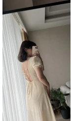 Betty Krem Sırtı Çapraz Keten Elbise