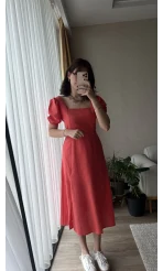 Betty Nar Çiçeği Sırtı Çapraz Keten Elbise