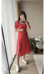 Betty Nar Çiçeği Sırtı Çapraz Keten Elbise