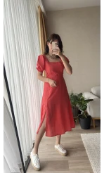 Betty Nar Çiçeği Sırtı Çapraz Keten Elbise