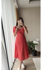 Betty Nar Çiçeği Sırtı Çapraz Keten Elbise