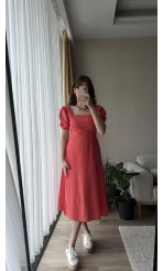 Betty Nar Çiçeği Sırtı Çapraz Keten Elbise