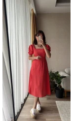 Betty Nar Çiçeği Sırtı Çapraz Keten Elbise