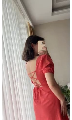 Betty Nar Çiçeği Sırtı Çapraz Keten Elbise