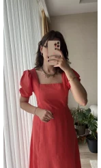 Betty Nar Çiçeği Sırtı Çapraz Keten Elbise