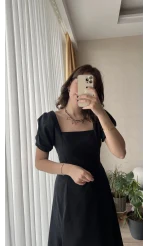 Betty Siyah Sırtı Çapraz Keten Elbise