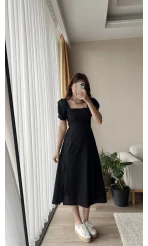 Betty Siyah Sırtı Çapraz Keten Elbise