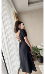 Betty Siyah Sırtı Çapraz Keten Elbise