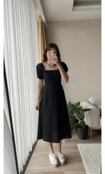 Betty Siyah Sırtı Çapraz Keten Elbise