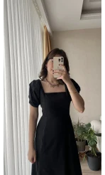 Betty Siyah Sırtı Çapraz Keten Elbise