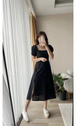 Betty Siyah Sırtı Çapraz Keten Elbise