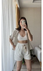 Beyaz Keten Örme Şort