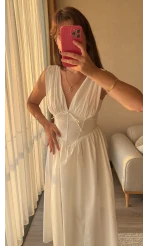 Beyaz Korseli V Yaka Kalın Askı Model Elbise