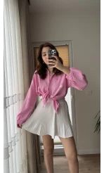 Beyaz Pileli Mini Şort Etek