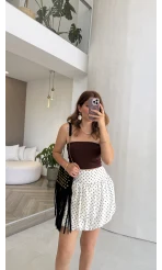 Beyaz Puantiye Desenli Şortlu Mini Etek