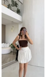 Beyaz Puantiye Desenli Şortlu Mini Etek