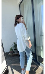 Beyaz Püsküllü Keten Gömlek