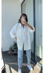 Beyaz Püsküllü Keten Gömlek