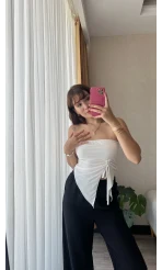 Beyaz Straplez Büzgülü Üst