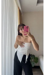 Beyaz Straplez Büzgülü Üst