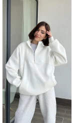 Beyaz Yarım Fermuarlı Sweatshirt